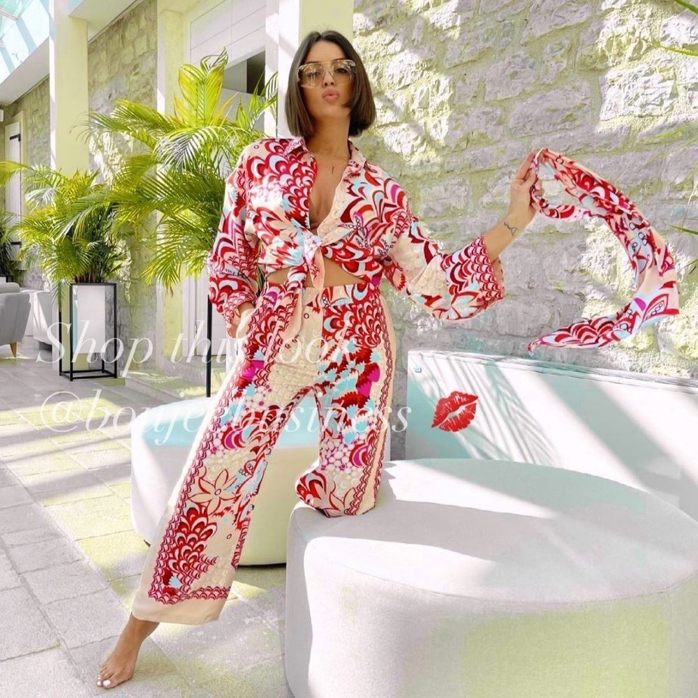 ZARA BNWT Flowy Printed Shirt and Scarf + Pants 3pc Coord Set